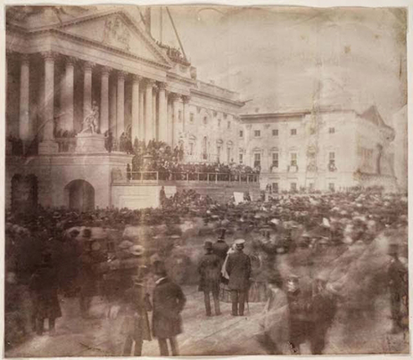 The first known photograph of a Presidential inauguration, taken in 1857 at the swearing in of James Buchanan.