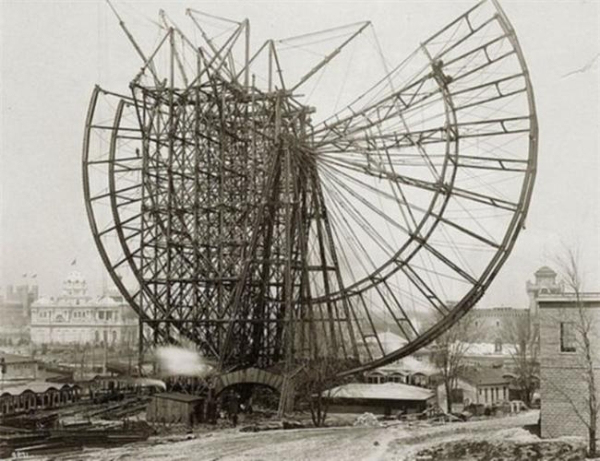 Construction of the worlds first Ferris wheel for the Chicago worlds fair. 1893