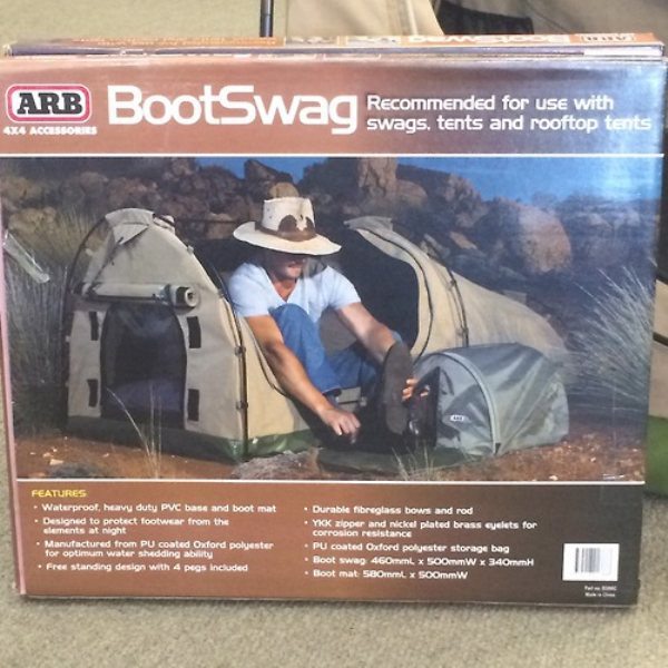 vehicle - Arb BootSwag Recommended for use with Recommended for use with swags, tents and rooftop tents 4X4 Accessories Features Waterproot heavy duty Pvc base and boot mat Designed to protect footwear from the alements at night Manufactured from Pu coate