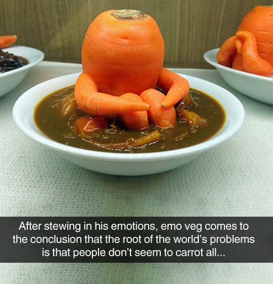 pun emo veg - After stewing in his emotions, emo veg comes to the conclusion that the root of the world's problems is that people don't seem to carrot all...