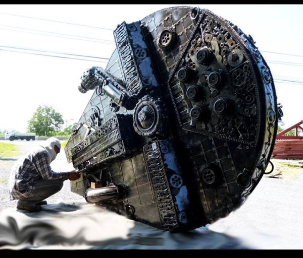 scrap metal art welded millennium falcon