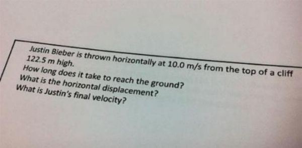 coolest teachers - Justin Bieber is thrown horizontally at 10.0 ms from the top of a cliff 122.5 m high. How long does it take to reach the ground? What is the horizontal displacement? What is Justin's final velocity?