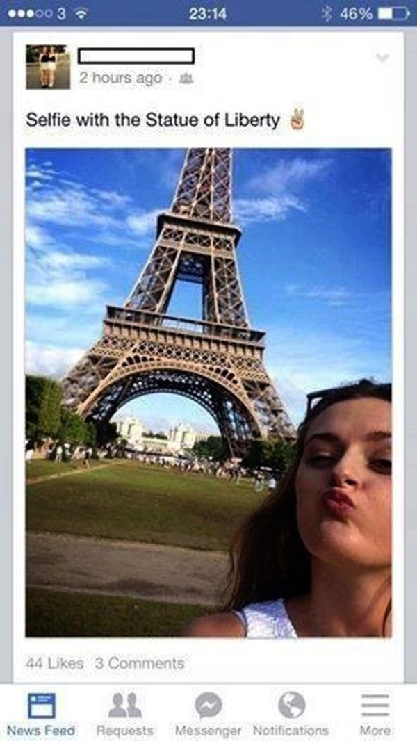 eiffel tower - 003 46% 2 hours ago Selfie with the Statue of Liberty $ 44 3 News Feed Requests Messenger Notifications More