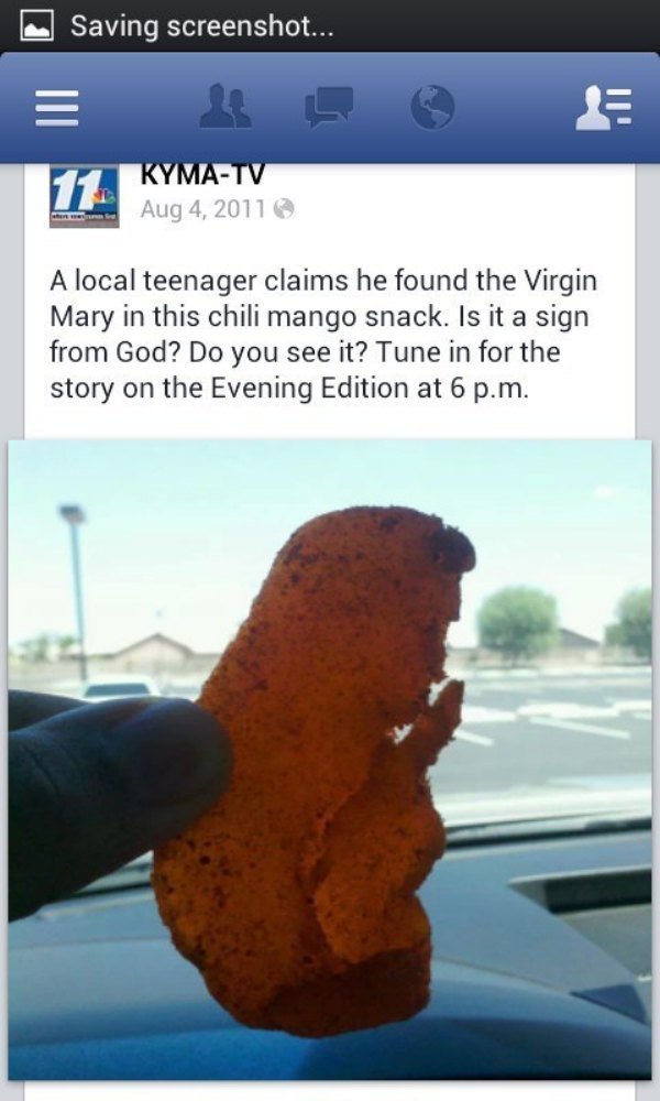 heat - Saving screenshot... KymaTv A local teenager claims he found the Virgin Mary in this chili mango snack. Is it a sign from God? Do you see it? Tune in for the story on the Evening Edition at 6 p.m.