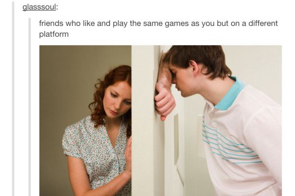 tumblr - two people separated by a wall - glasssoul friends who and play the same games as you but on a different platform