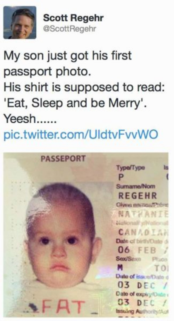 baby passport photo funny - Scott Regehr Regehr My son just got his first passport photo. His shirt is supposed to read 'Eat, Sleep and be Merry'. Yeesh...... pic.twitter.comUldtvFvWO Passeport TypeType P SurnameNom Regehr Glamos Natante National Nation C