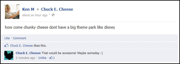 ken m comments - Ken M Chuck E. Cheese about an hour ago how come chunky cheese dont have a big theme park disney Comment Chuck E. Cheese this. Chuck E. Cheese That would be awesome! Maybe someday 2 minutes ago Un 61