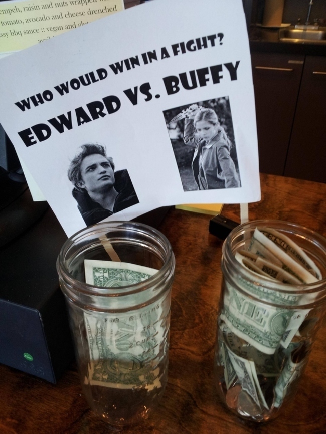funny tip jars - empeh, raisin and nuts wrap tomato, avocado and cheese drenched ssy bbq sauce vegan and phot Who Would Win In A Fight? Edward Vs. Buffy F0