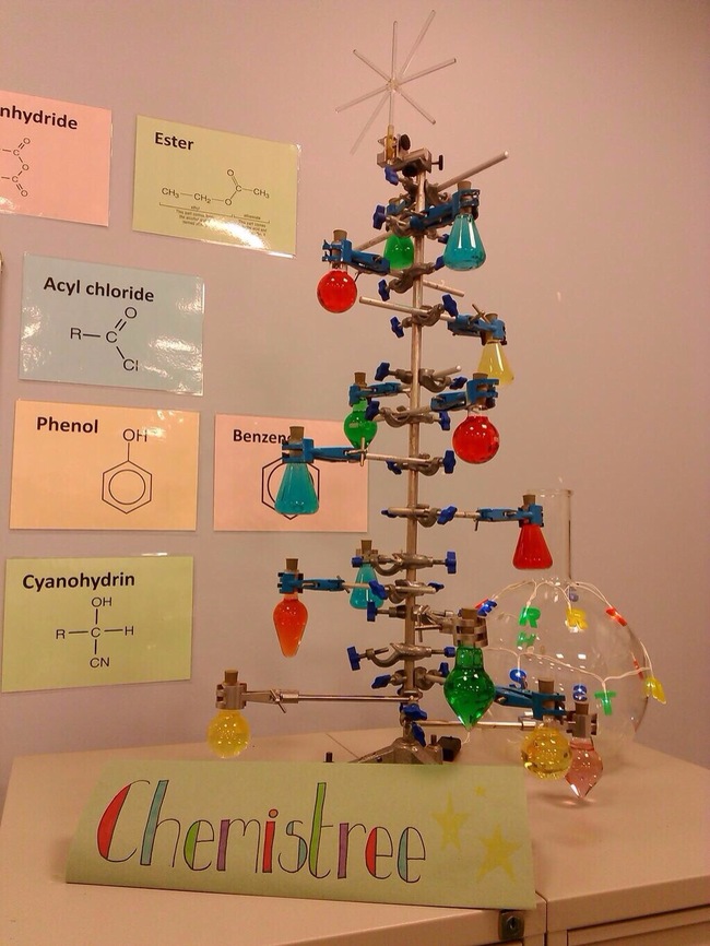christmas puns - christmas chemistry tree - nhydride Ester ChCH2 Ch Acyl chloride R c Phenol Oh Benzer Cyanohydrin Oh RCh Cn Cheristree