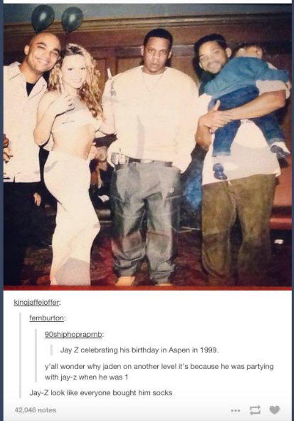 jay z will smith - kingjaffejoffer femburton 90shiphopraorb Jay Z celebrating his birthday in Aspen in 1999. y'all wonder why jaden on another level it's because he was partying with jay2 when he was 1 JayZ look everyone bought him socks 42,048 notes