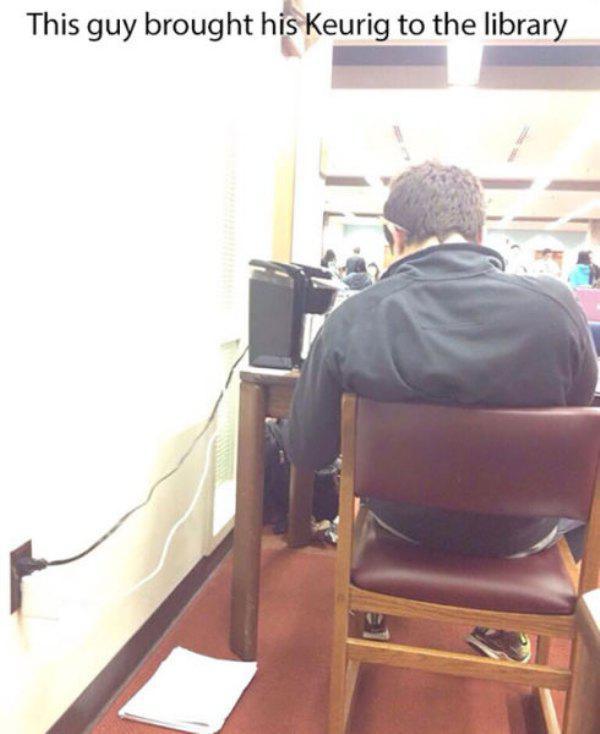 shoulder - This guy brought his Keurig to the library