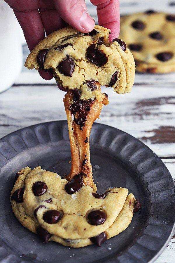 chocolate chip cookies stuffed with caramel