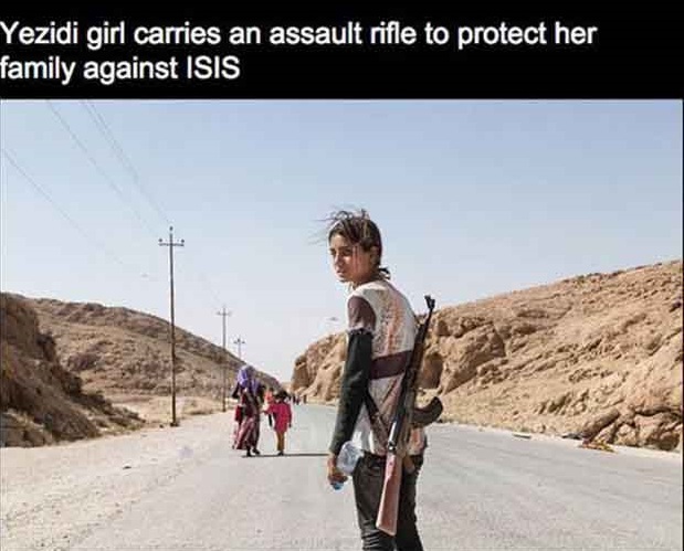 zmnako ismael - Yezidi girl carries an assault rifle to protect her family against Isis