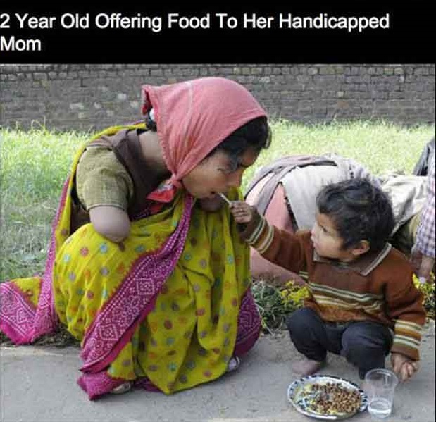 child feeding a poor - 2 Year Old Offering Food To Her Handicapped Mom