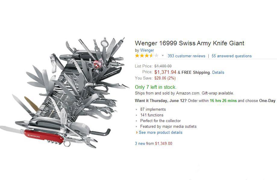 amazon reviews - amazon swiss army knife - Wenger 16999 Swiss Army Knife Giant by Wenger 393 customer reviews 55 answered questions List Price $1,400.00 Price $1,371.94 & Free Shipping Details You Save $28.06 2% Only 7 left in stock. Ships from and sold b