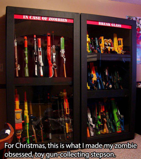 case of zombies break glass - In Case Of Zombies Break Glass For Christmas, this is what I made my zombie obsessed, toy guncollecting stepson.