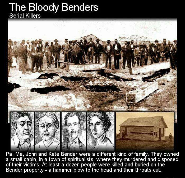 bloody benders - The Bloody Benders Serial Killers Pa, Ma, John and Kate Bender were a different kind of family. They owned a small cabin, in a town of spiritualists, where they murdered and disposed of their victims. At least a dozen people were killed a