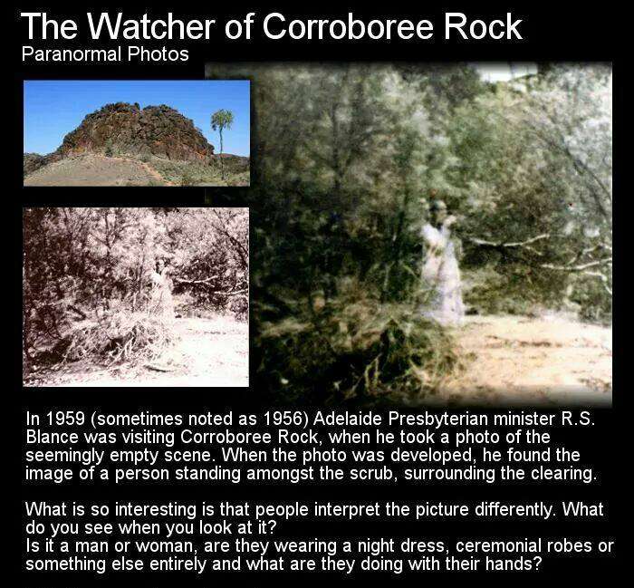 water resources - The Watcher of Corroboree Rock Paranormal Photos In 1959 sometimes noted as 1956 Adelaide Presbyterian minister R.S. Blance was visiting Corroboree Rock, when he took a photo of the seemingly empty scene. When the photo was developed, he