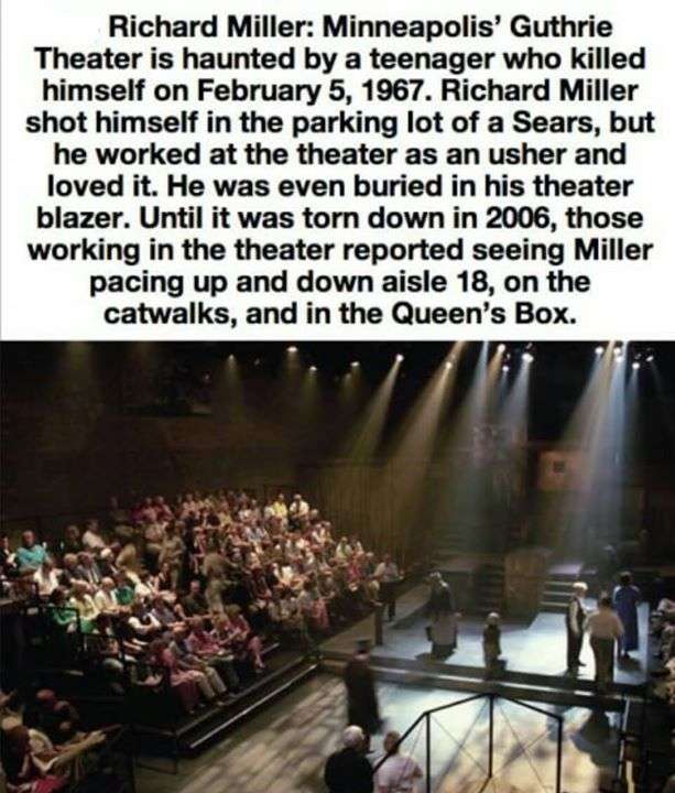 audience - Richard Miller Minneapolis' Guthrie Theater is haunted by a teenager who killed himself on . Richard Miller shot himself in the parking lot of a Sears, but he worked at the theater as an usher and loved it. He was even buried in his theater bla