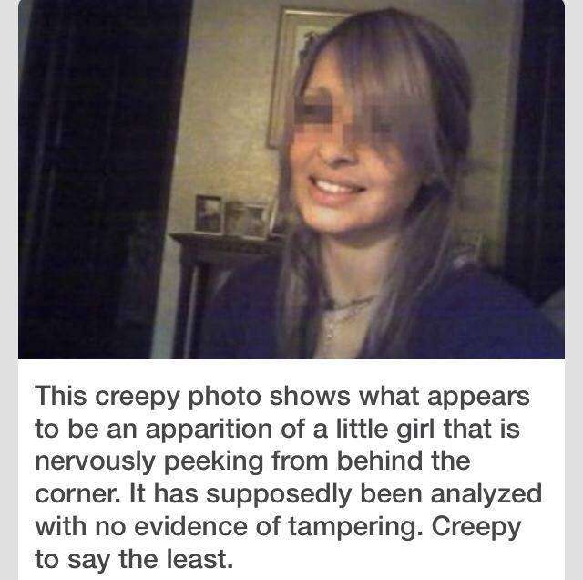 little girl ghost - This creepy photo shows what appears to be an apparition of a little girl that is nervously peeking from behind the corner. It has supposedly been analyzed with no evidence of tampering. Creepy to say the least.