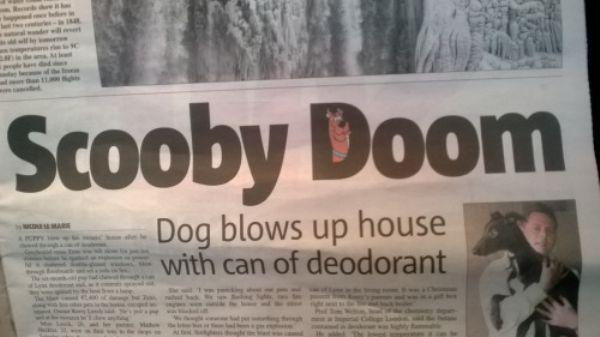 news puns - Scooby Doom Dog blows up house with can of deodorant