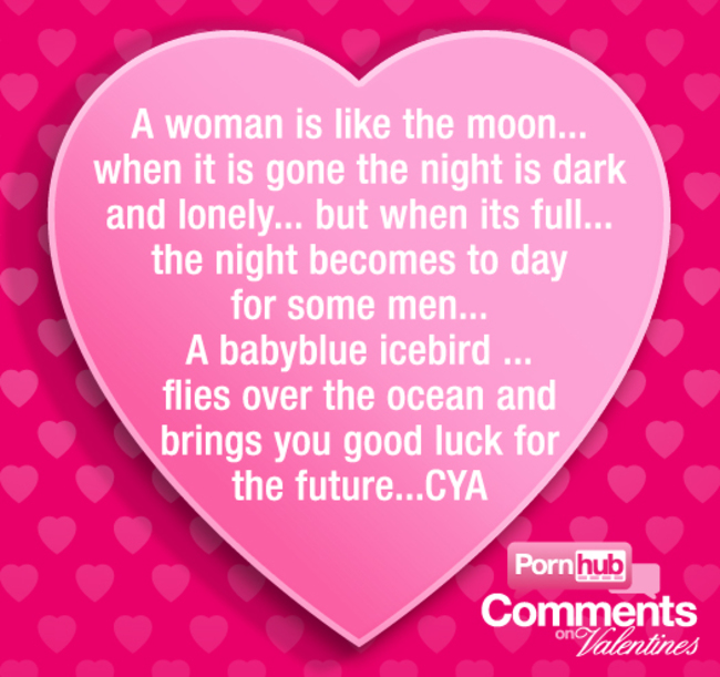 pornhub comments valentines card - A woman is the moon... when it is gone the night is dark and lonely... but when its full... the night becomes to day for some men... A babyblue icebird ... flies over the ocean and brings you good luck for the future...C