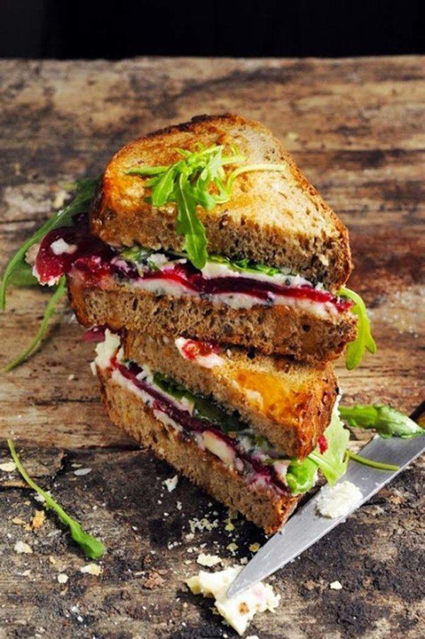 Beet, Roquefort, and Arugla Grilled Cheese