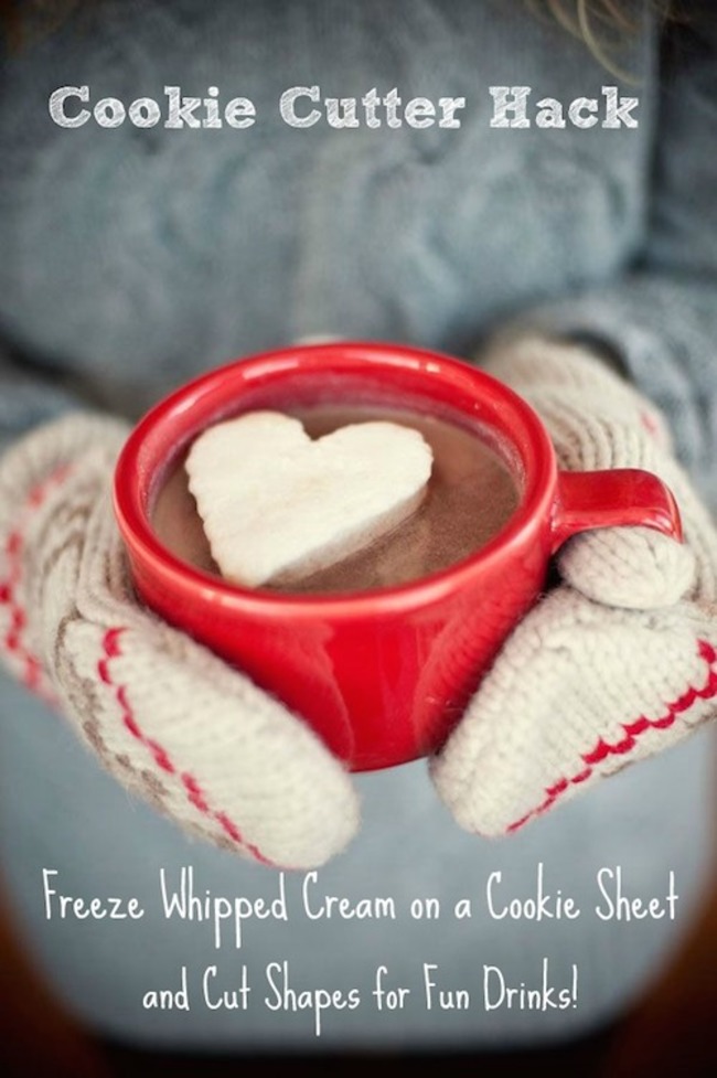 mittens and hot chocolate - Cookie Cutter Hack Freeze Whipped Cream on a Cookie Sheet and Cut Shapes for Fun Drinks!