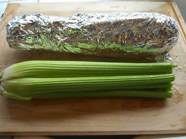 Wrap celery in foil. It’ll keep for up to a month this way. Works for broccoli too.