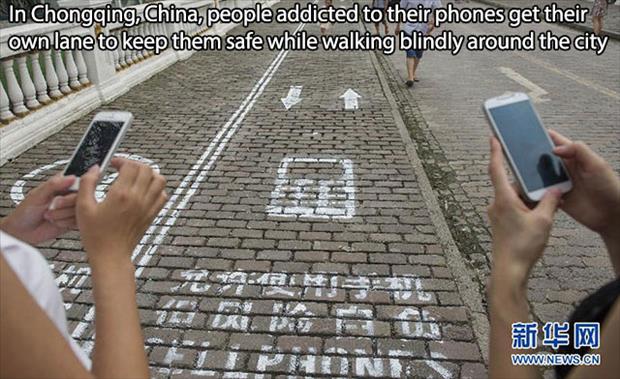china weird facts - In Chongqing, China, people addicted to their phones get their own lane to keep them safe while walking blindly around the city Fts