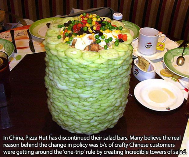 chinese pizza hut salad bar - In China, Pizza Hut has discontinued their salad bars. Many believe the real reason behind the change in policy was bc of crafty Chinese customers were getting around the 'onetrip' rule by creating Incredible towers of salad.