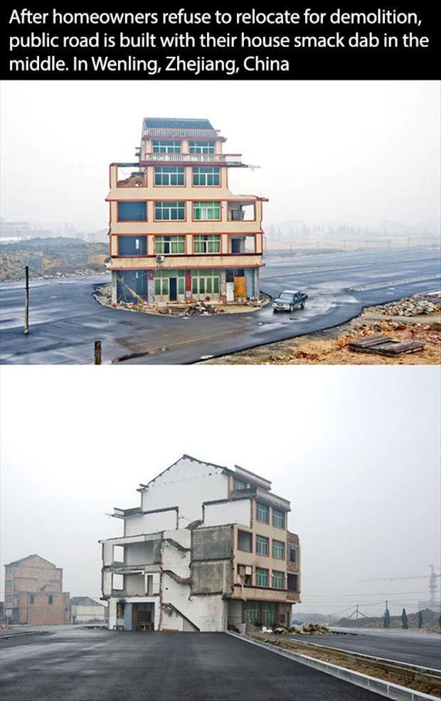 worst location - After homeowners refuse to relocate for demolition, public road is built with their house smack dab in the middle. In Wenling, Zhejiang, China Rel