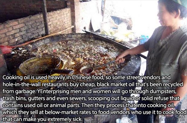 gutter oil china - Cooking oil is used heavily in Chinese food, so some street vendors and holeinthewall restaurants buy cheap, black market oil that's been recycled from garbage. YEnterprising men and women will go through dumpsters, trash bins, gutters 