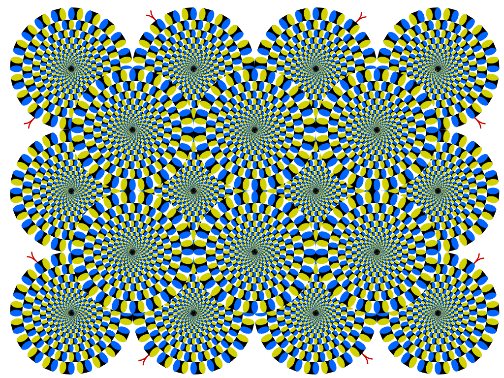 Akiyoshi Kitaoka uses geometrical shapes, brightness and color to create motion illusions. These images are not animated, but the human brain makes them appear so.