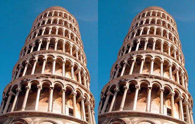 The photograph of the Leaning Tower of Pisa on the right appears to lean more to the right. In reality, they’re identical photographs and the towers are parallel.