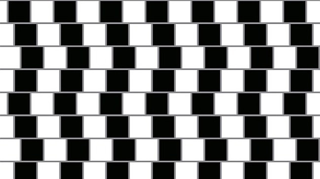 These horizontal lines appear to be sloping, but look long enough, and you’ll see that they’re parallel to one another.