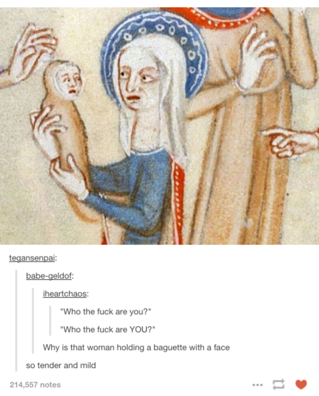tumblr - holy infant so tender and mild - tegansenpal babegeldof iheartchaos "Who the fuck are you?" "Who the fuck are You?" Why is that woman holding a baguette with a face so tender and mild 214,567 notes