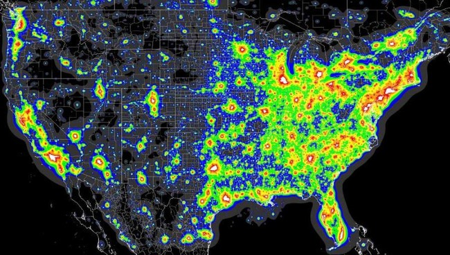A Map Of Light Pollution In The United States.