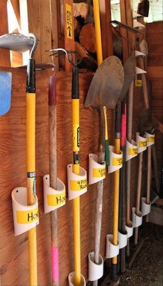 Keep your gardening tools in order with pieces of PVC pipe.