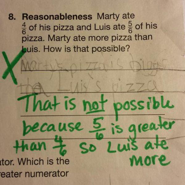 whats wrong with the education system - 8. Reasonableness Marty ate of his pizza and Luis ate of his pizza. Marty ate more pizza than huis. How is that possible? That is not possible because & is greater than 46 so Luis ate more tor. Which is the eater nu