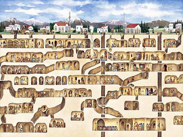 An illustration of an underground city like Derinkuyu. Note the church on the bottom level. Cities like this were used during times of Christian persecution, so religious items would be placed on the lowest levels for protection.
The elaborate subterranean city was connected via stairways and passages, and even connected to other underground cities through tunnels that stretched for miles. It's thought to have been initially built during the seventh and eighth centuries BCE, and was in continual, frequent use through the 12th century. Based on the church found on the fifth and lowest level, it seems the population was Christian, and probably used the city during wartime. The city was also used as a refuge from the Mongolian invasion in the 1300s and up through the 20th century for Christian people fleeing persecution. It was finally abandoned for good in 1923.