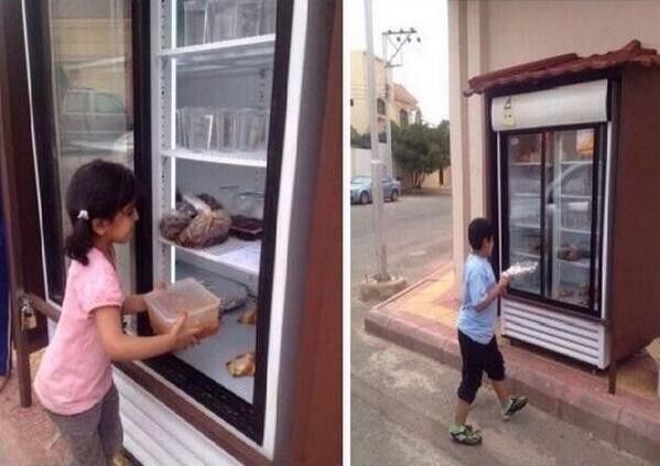 A child had the idea to install a refrigerator where people could leave food for those who need it.