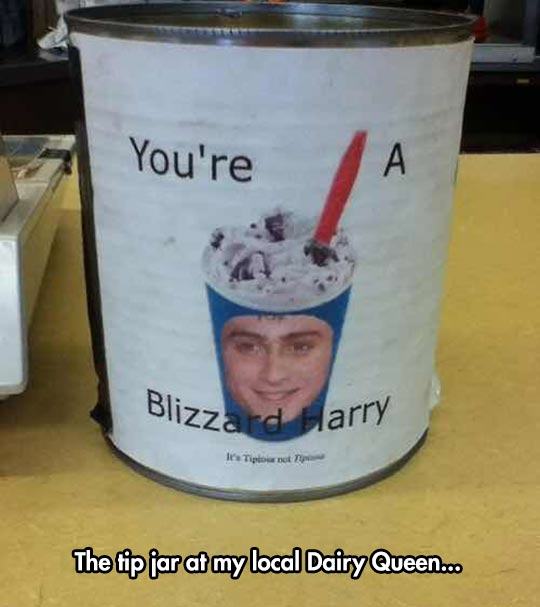 pun you re a blizzard harry - You're Blizzard Harry Ice Tigned To The tip jar at my local Dairy Queen...