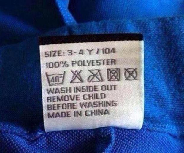 label - Size 34 YH04 100% Polyester Wash Inside Out Remove Child Before Washing Made In China