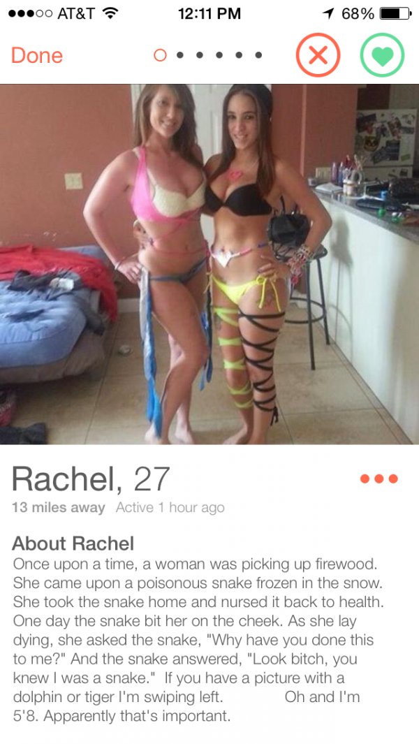 tinder - sexy tinder - 00 At&T 1 68% Done Rachel, 27 13 miles away Active 1 hour ago About Rachel Once upon a time, a woman was picking up firewood. She came upon a poisonous snake frozen in the snow. She took the snake home and nursed it back to health. 