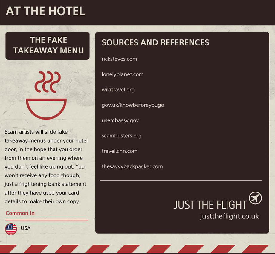 At The Hotel The Fake Takeaway Menu Sources And References ricksteves.com lonelyplanet.com wikitravel.org gov.ukknowbeforeyougo usembassy.gov scambusters.org travel.cnn.com Scam artists will slide fake takeaway menus under your hotel door, in the hope tha
