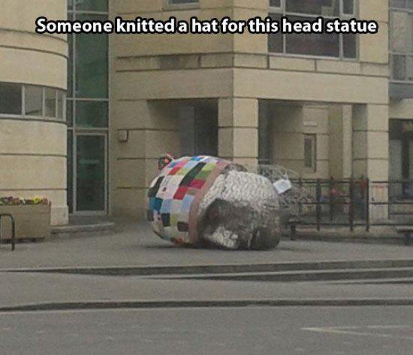 asphalt - Someone knitteda hat for this head statue