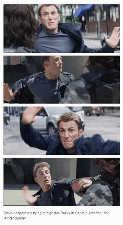 tumblr - captain america high five - Steve desperately trying to high five Bucky in Captain America The Winter Soldier