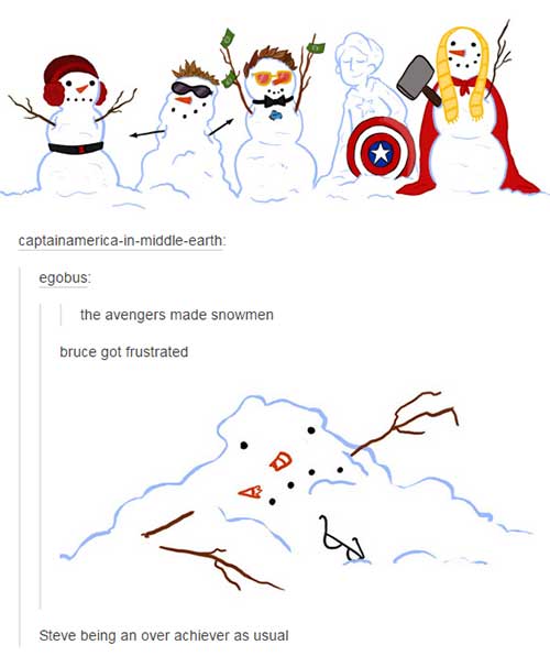 tumblr - funny avengers tumblr text posts - captainamericainmiddleearth egobus the avengers made snowmen bruce got frustrated Steve being an over achiever as usual