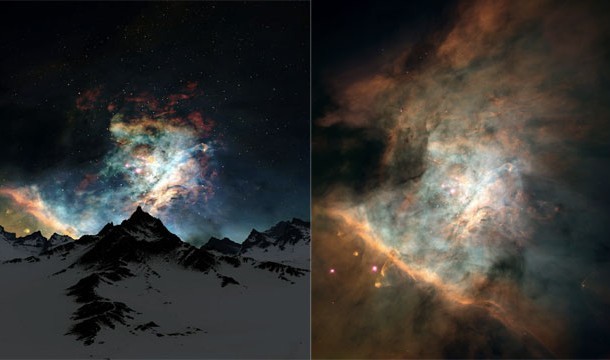 Okay, as awesome as this is, you know this isn't what the Northern Lights look like. The image on the left is a composite of the Orion Nebula placed behind an image of mountains.